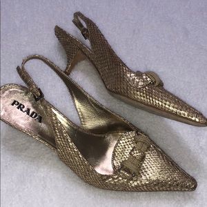 PRADA Gold woven leather sling back heel